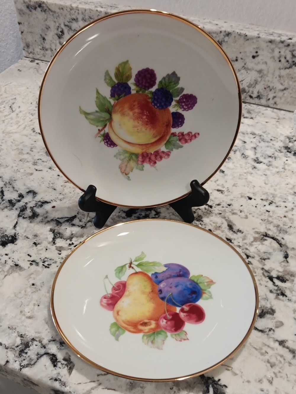 Vintage Decorative Fruit Motif Porcelain Dessert Plates with Gold Rim - White
